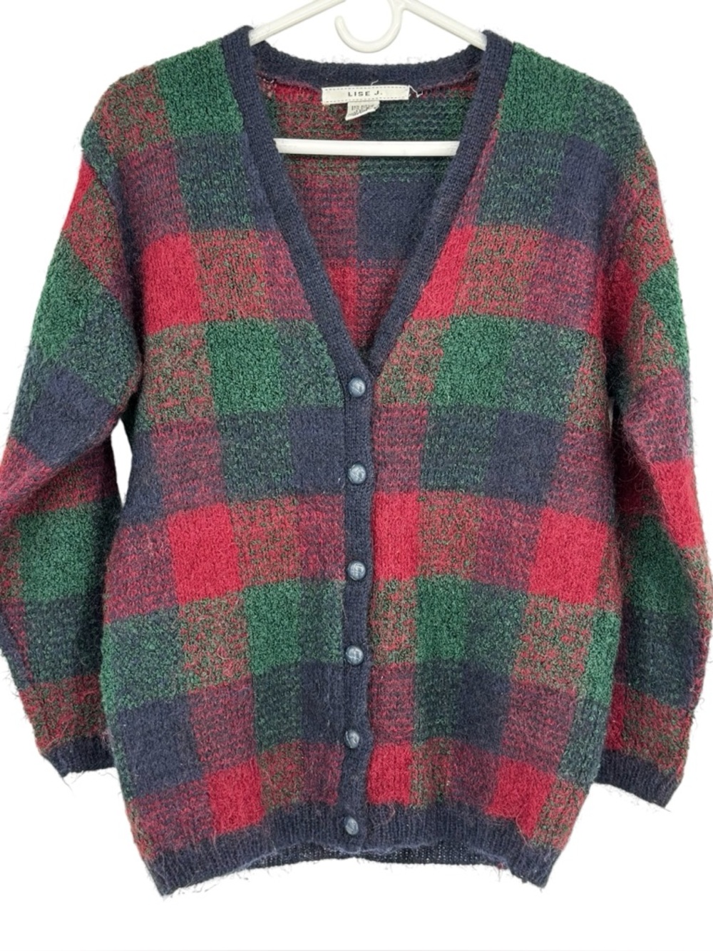 Women’s Lise J Small Green/Blue/Red Plaid Acrylic/Mohair BF Cardigan Sweater
